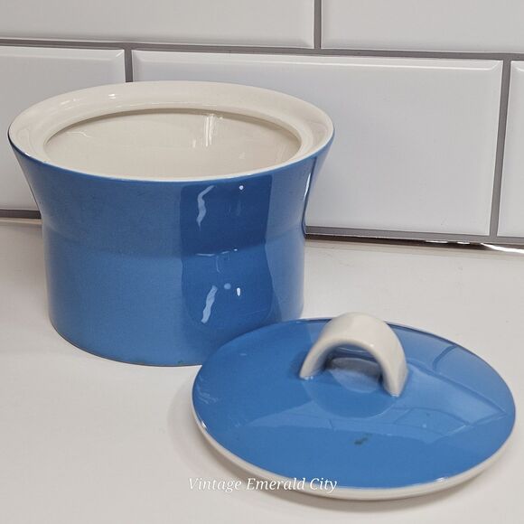 Vtg Mikasa Duplex Blue & White Covered Sugar Bowl Jam Dish Spice Jar Lidded 1960 - Picture 4 of 11